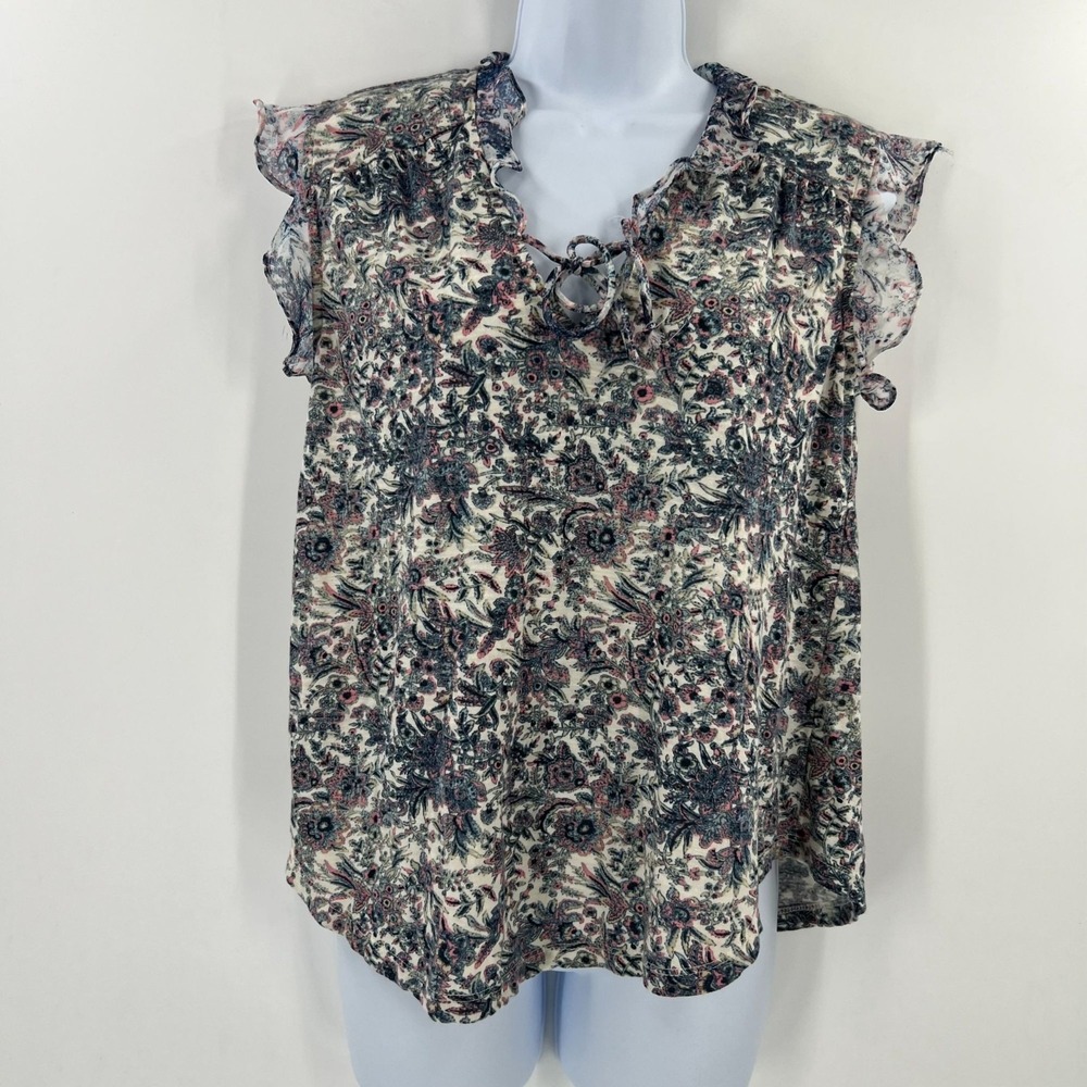 Lucky Brand Boho Peasant Top M Blue Pink Floral Paisley Ruffle Sleeve Blouse